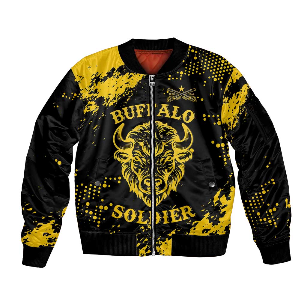 Personalized Bison Buffalo Soldiers Sleeve Zip Bomber Jacket American Heroes - Black Grunge Style - Wonder Print Shop
