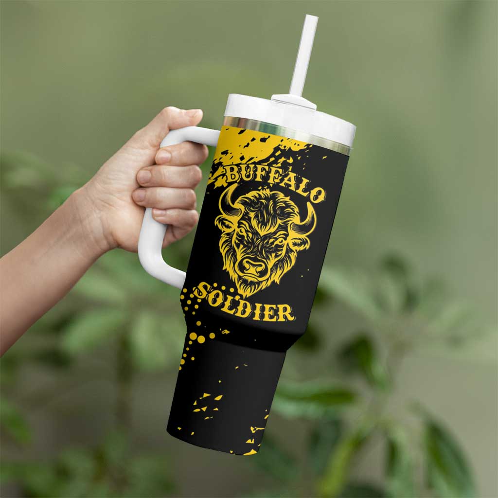 Personalized Bison Buffalo Soldiers Tumbler With Handle American Heroes - Black Grunge Style - Wonder Print Shop