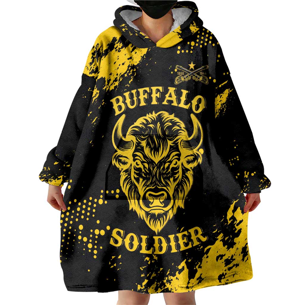 Personalized Bison Buffalo Soldiers Wearable Blanket Hoodie American Heroes - Black Grunge Style - Wonder Print Shop