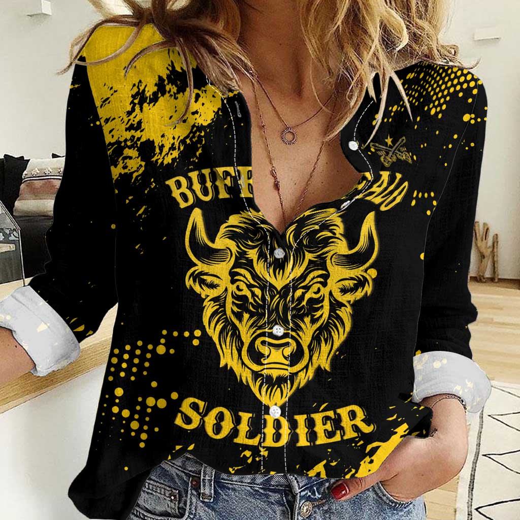 Personalized Bison Buffalo Soldiers Women Casual Shirt American Heroes - Black Grunge Style - Wonder Print Shop