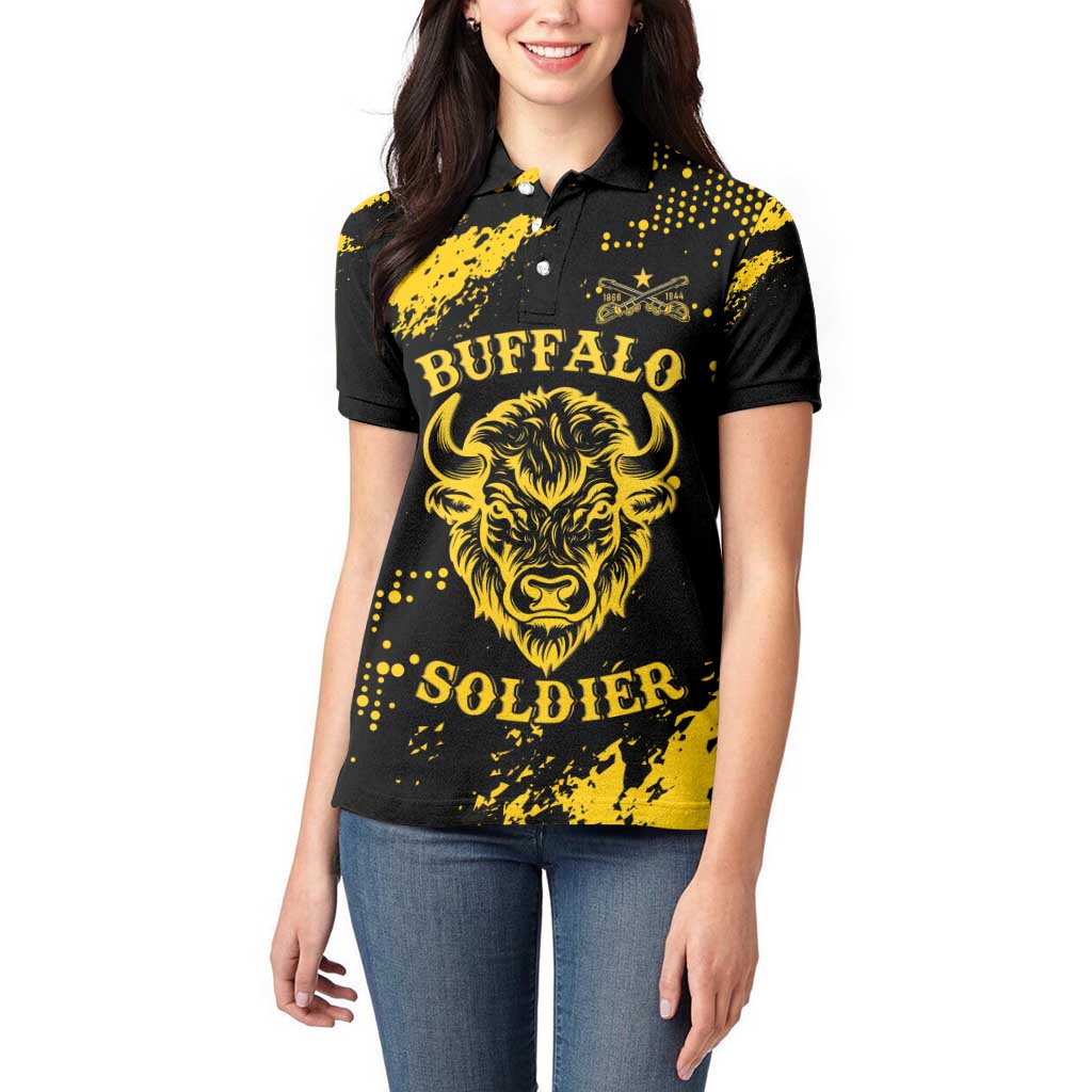 Personalized Bison Buffalo Soldiers Women Polo Shirt American Heroes - Black Grunge Style - Wonder Print Shop