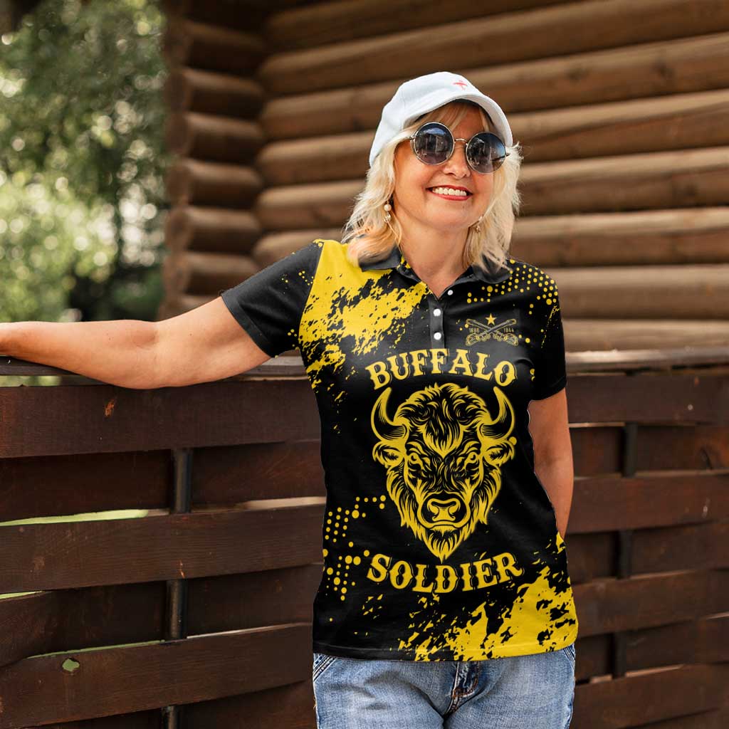Personalized Bison Buffalo Soldiers Women Polo Shirt American Heroes - Black Grunge Style - Wonder Print Shop
