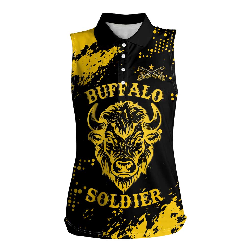 Personalized Bison Buffalo Soldiers Women Sleeveless Polo Shirt American Heroes - Black Grunge Style - Wonder Print Shop