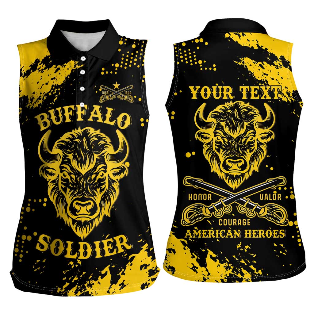 Personalized Bison Buffalo Soldiers Women Sleeveless Polo Shirt American Heroes - Black Grunge Style - Wonder Print Shop