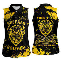 Personalized Bison Buffalo Soldiers Women Sleeveless Polo Shirt American Heroes - Black Grunge Style - Wonder Print Shop