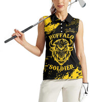 Personalized Bison Buffalo Soldiers Women Sleeveless Polo Shirt American Heroes - Black Grunge Style - Wonder Print Shop