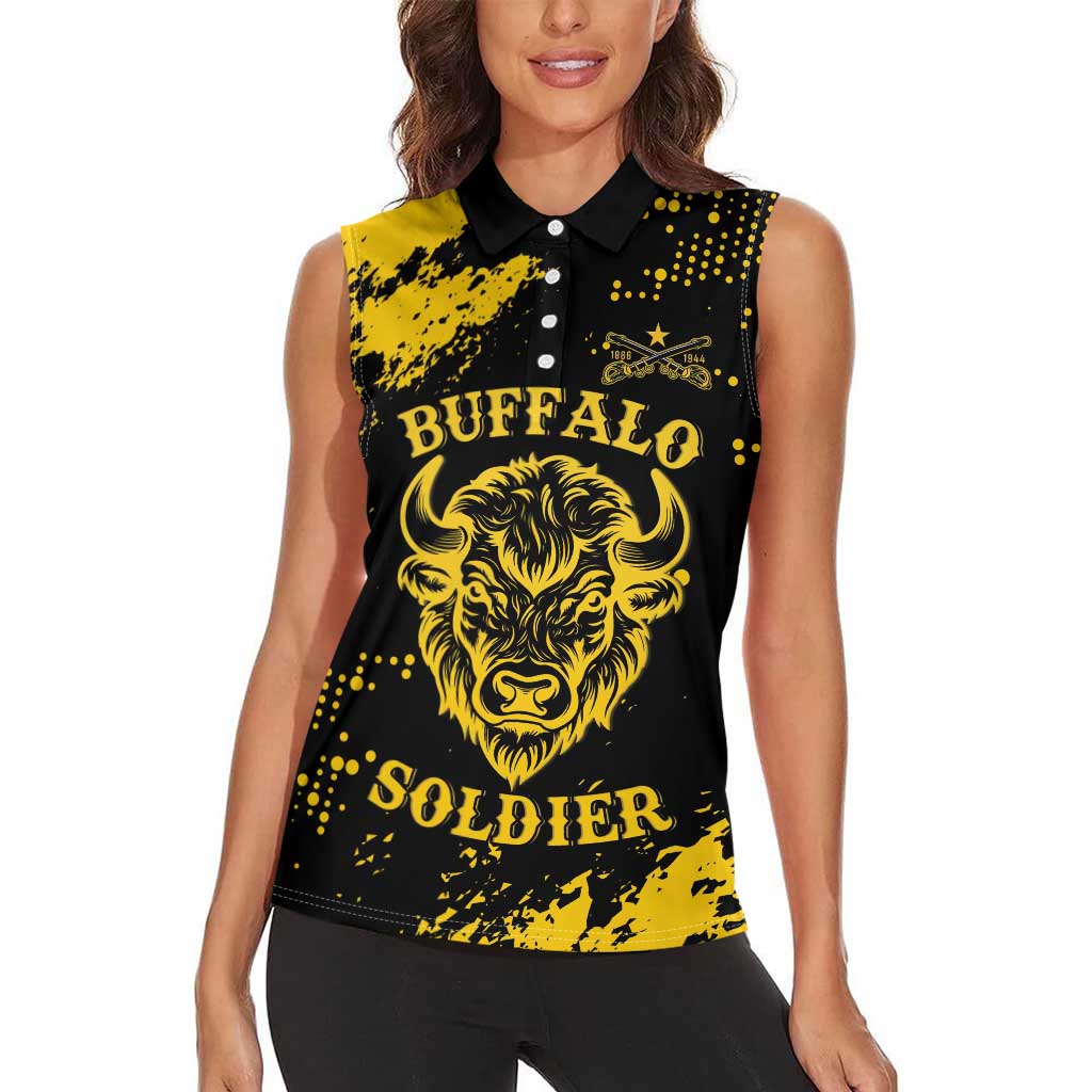 Personalized Bison Buffalo Soldiers Women Sleeveless Polo Shirt American Heroes - Black Grunge Style - Wonder Print Shop