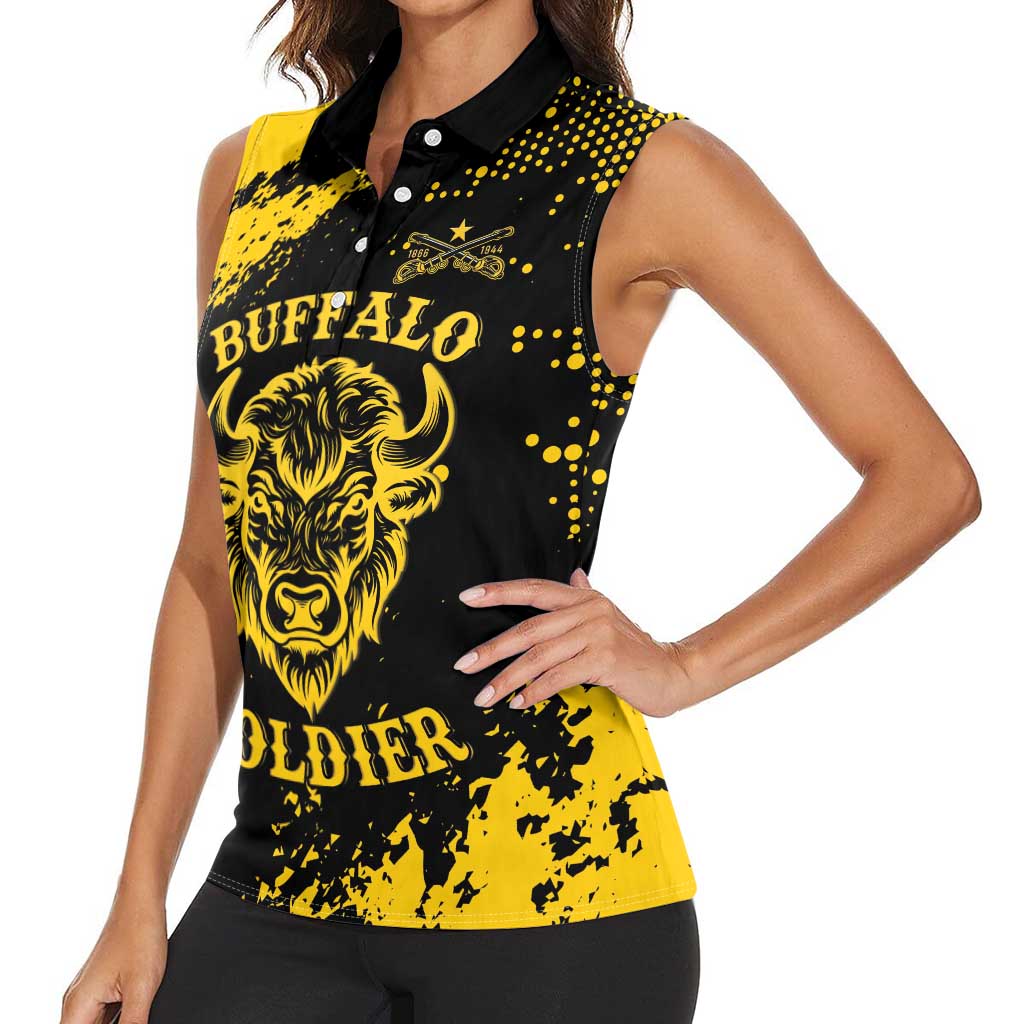 Personalized Bison Buffalo Soldiers Women Sleeveless Polo Shirt American Heroes - Black Grunge Style - Wonder Print Shop