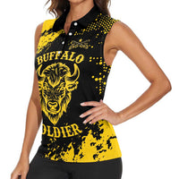 Personalized Bison Buffalo Soldiers Women Sleeveless Polo Shirt American Heroes - Black Grunge Style - Wonder Print Shop