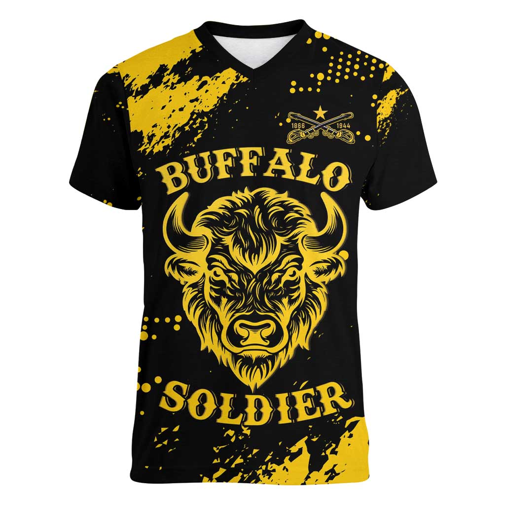 Personalized Bison Buffalo Soldiers Women V-Neck T-Shirt American Heroes - Black Grunge Style - Wonder Print Shop