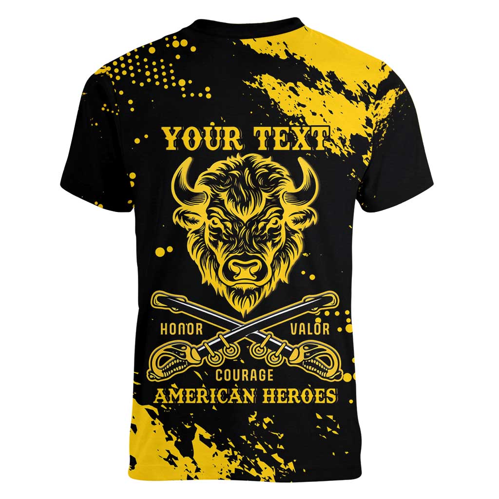 Personalized Bison Buffalo Soldiers Women V-Neck T-Shirt American Heroes - Black Grunge Style - Wonder Print Shop
