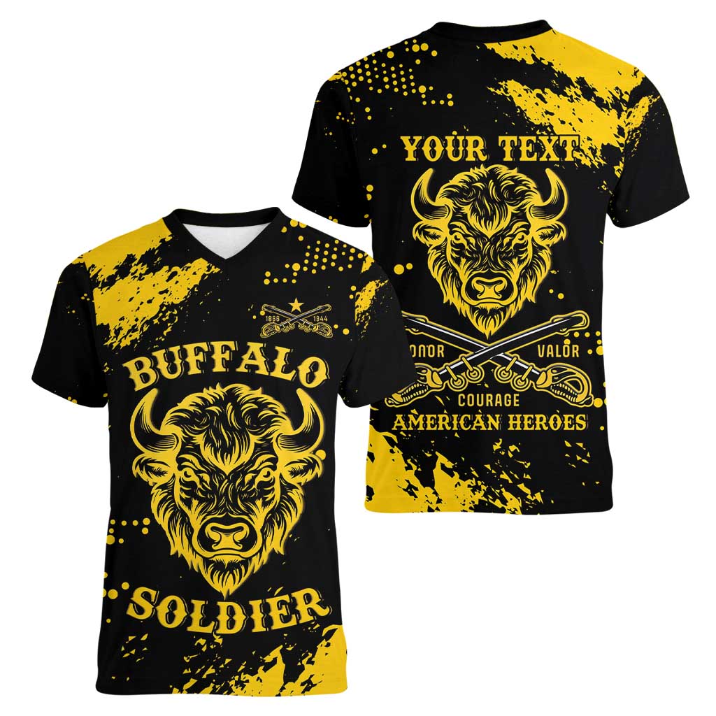 Personalized Bison Buffalo Soldiers Women V-Neck T-Shirt American Heroes - Black Grunge Style - Wonder Print Shop