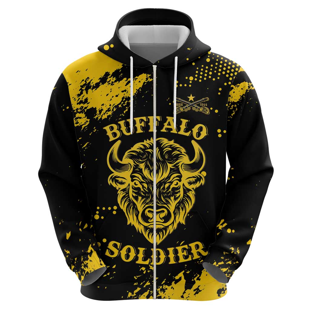 Personalized Bison Buffalo Soldiers Zip Hoodie American Heroes - Black Grunge Style - Wonder Print Shop