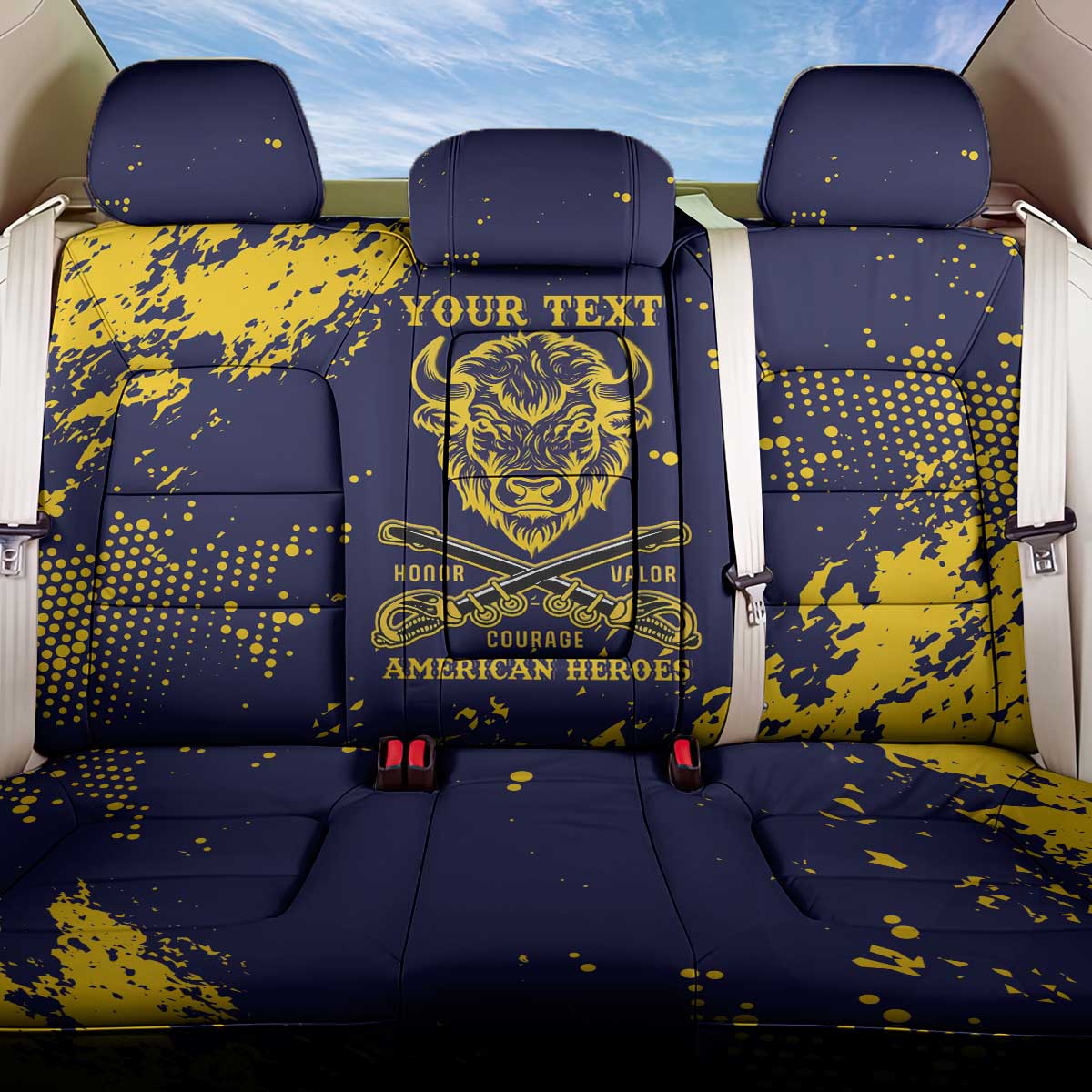 Personalized Bison Buffalo Soldiers Back Car Seat Cover American Heroes - Blue Grunge Style - Wonder Print Shop