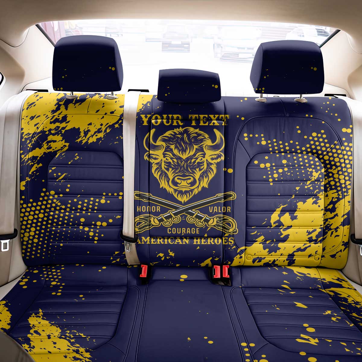 Personalized Bison Buffalo Soldiers Back Car Seat Cover American Heroes - Blue Grunge Style - Wonder Print Shop