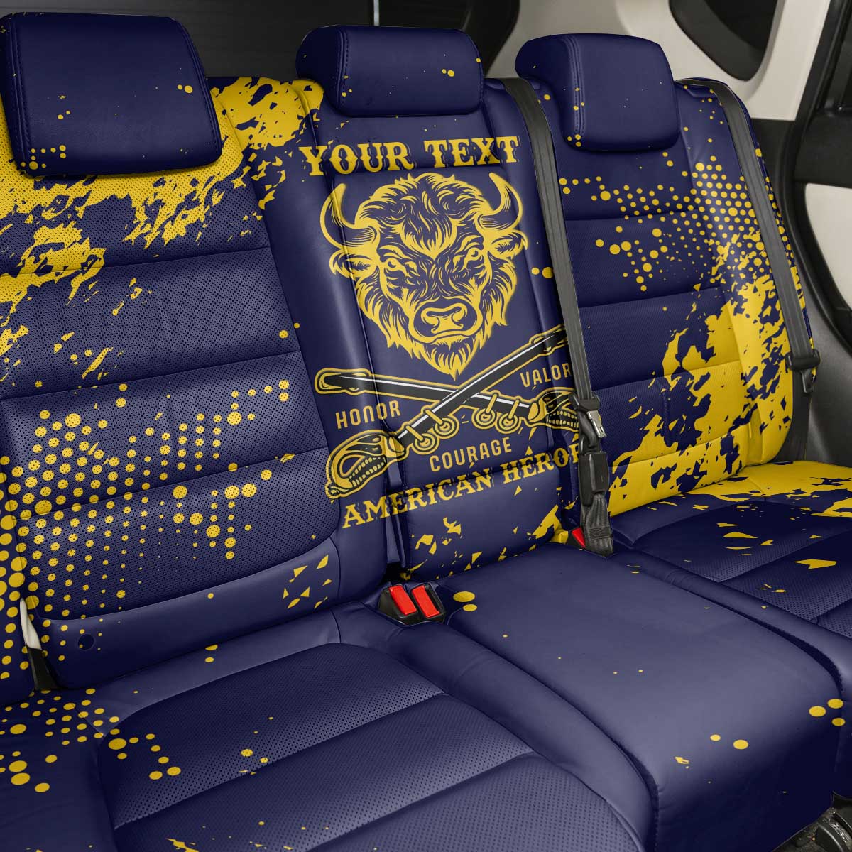 Personalized Bison Buffalo Soldiers Back Car Seat Cover American Heroes - Blue Grunge Style - Wonder Print Shop