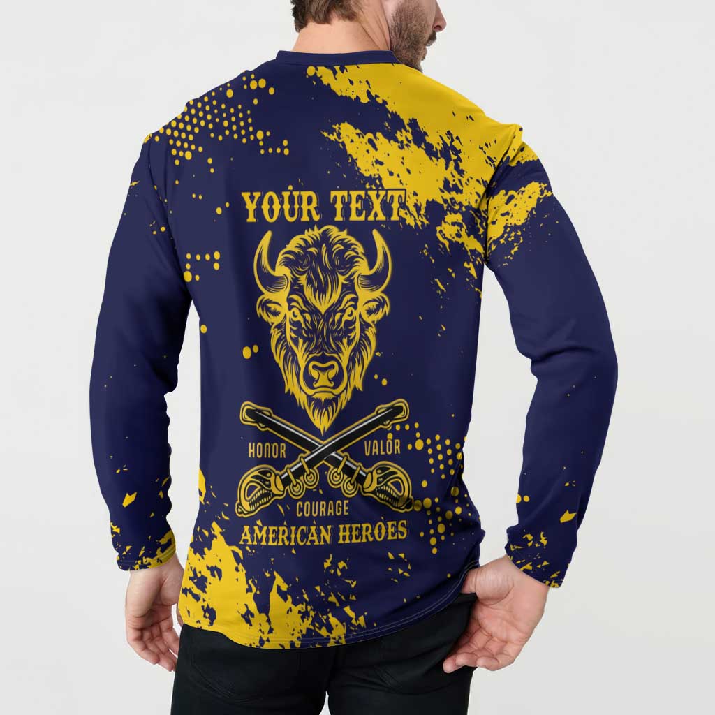 Personalized Bison Buffalo Soldiers Button Sweatshirt American Heroes - Blue Grunge Style - Wonder Print Shop