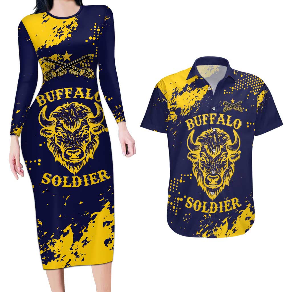 Personalized Bison Buffalo Soldiers Couples Matching Long Sleeve Bodycon Dress and Hawaiian Shirt American Heroes - Blue Grunge Style - Wonder Print Shop