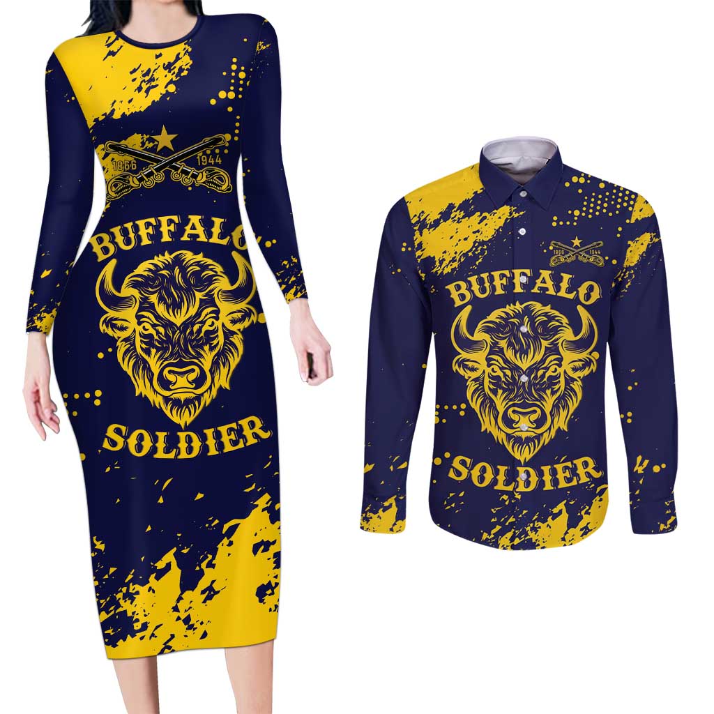 Personalized Bison Buffalo Soldiers Couples Matching Long Sleeve Bodycon Dress and Long Sleeve Button Shirt American Heroes - Blue Grunge Style - Wonder Print Shop