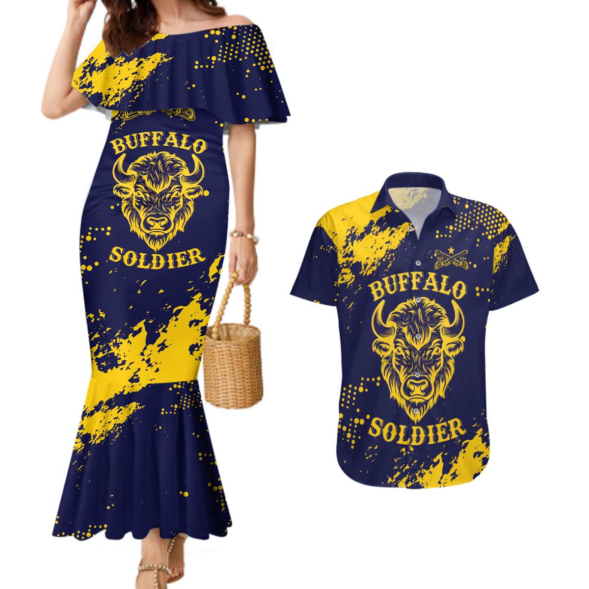 Personalized Bison Buffalo Soldiers Couples Matching Mermaid Dress and Hawaiian Shirt American Heroes - Blue Grunge Style - Wonder Print Shop