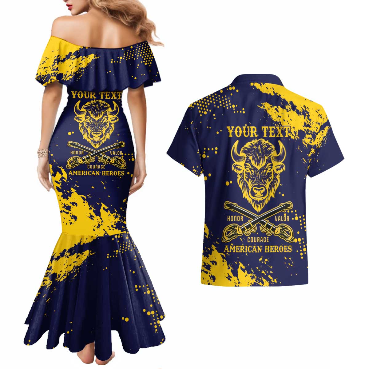 Personalized Bison Buffalo Soldiers Couples Matching Mermaid Dress and Hawaiian Shirt American Heroes - Blue Grunge Style - Wonder Print Shop
