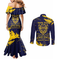 Personalized Bison Buffalo Soldiers Couples Matching Mermaid Dress and Long Sleeve Button Shirt American Heroes - Blue Grunge Style - Wonder Print Shop