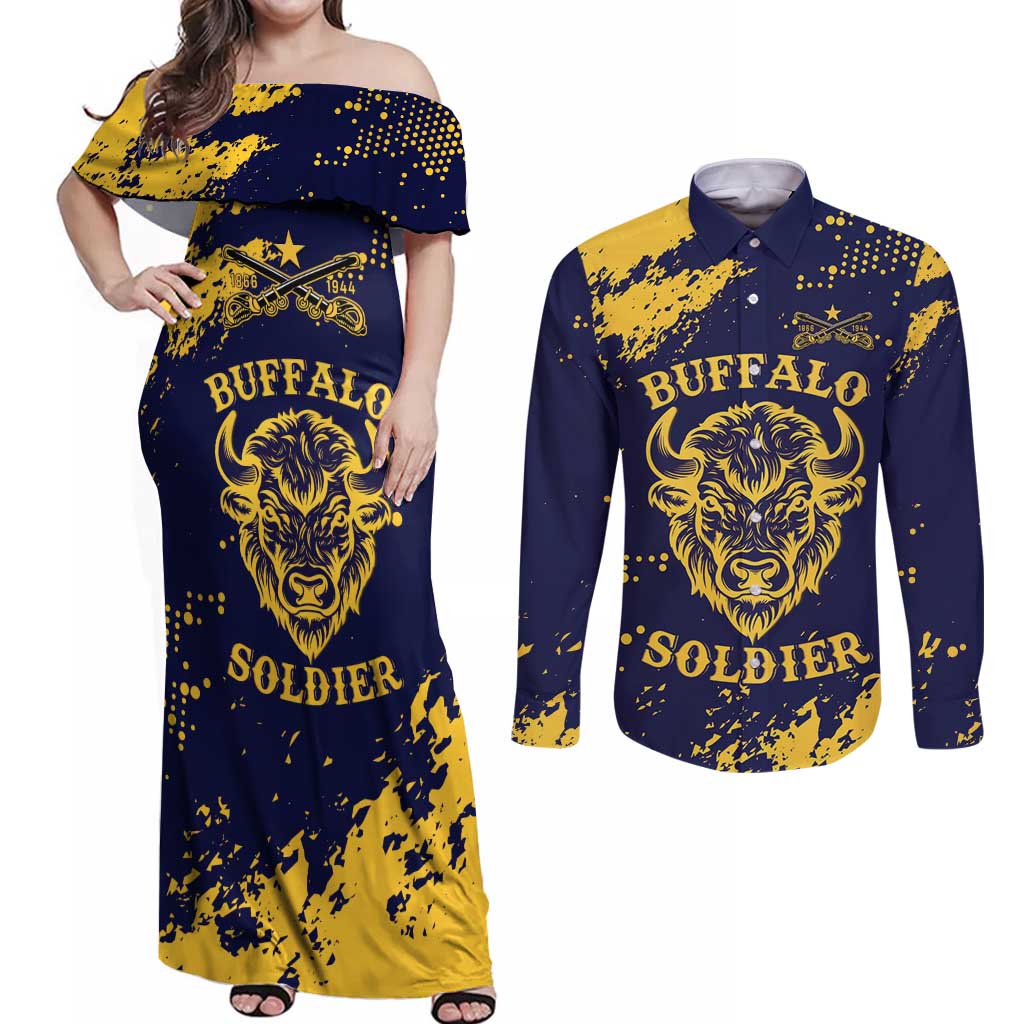 Personalized Bison Buffalo Soldiers Couples Matching Off Shoulder Maxi Dress and Long Sleeve Button Shirt American Heroes - Blue Grunge Style - Wonder Print Shop