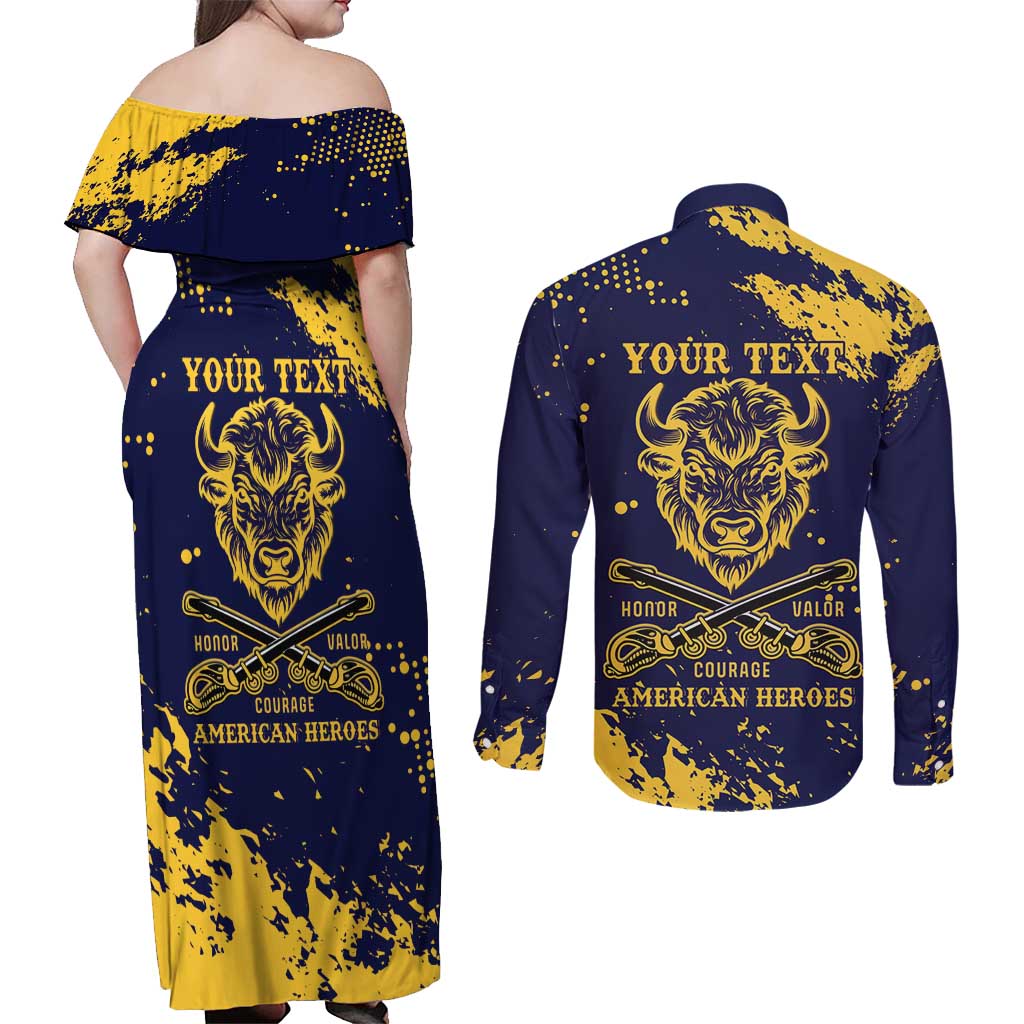 Personalized Bison Buffalo Soldiers Couples Matching Off Shoulder Maxi Dress and Long Sleeve Button Shirt American Heroes - Blue Grunge Style - Wonder Print Shop