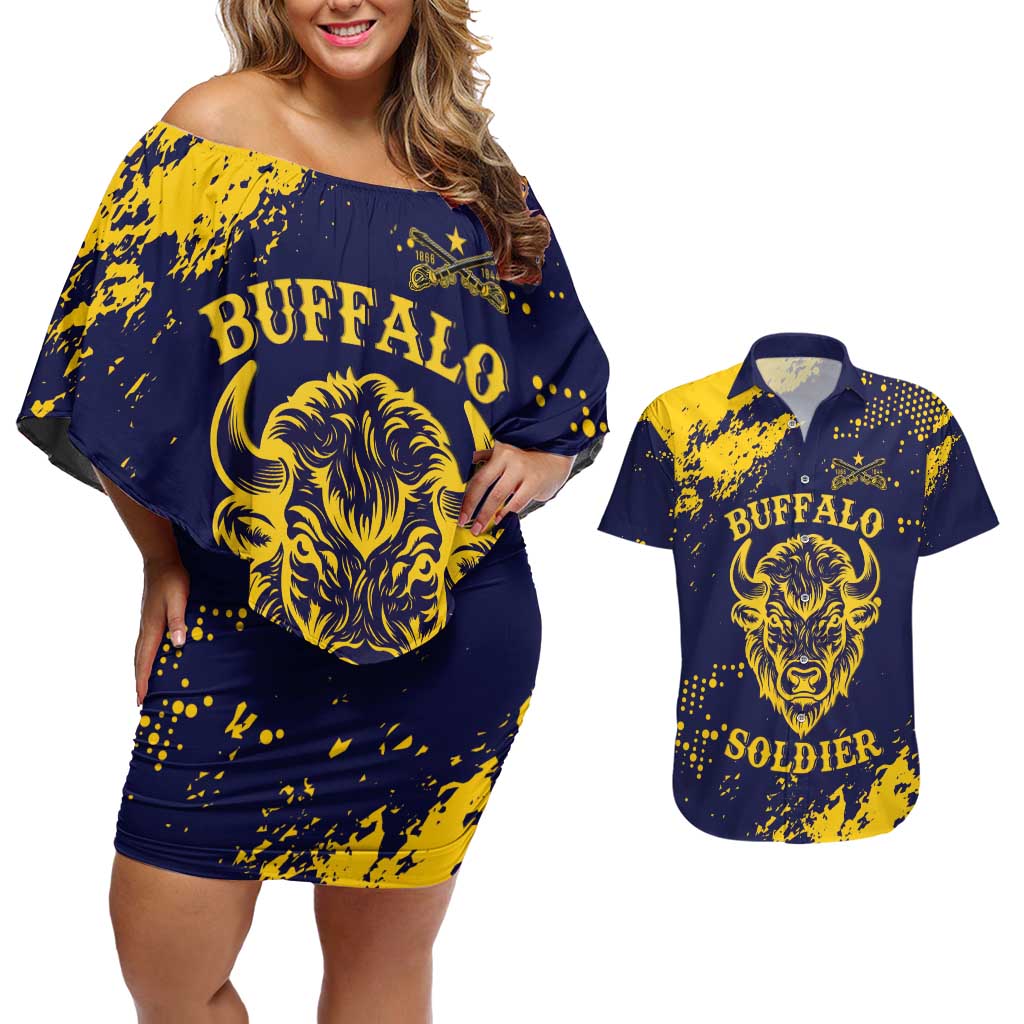 Personalized Bison Buffalo Soldiers Couples Matching Off Shoulder Short Dress and Hawaiian Shirt American Heroes - Blue Grunge Style - Wonder Print Shop