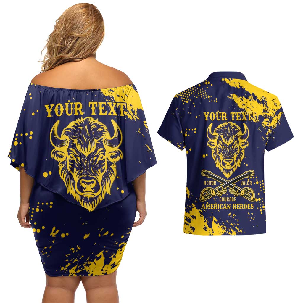Personalized Bison Buffalo Soldiers Couples Matching Off Shoulder Short Dress and Hawaiian Shirt American Heroes - Blue Grunge Style - Wonder Print Shop