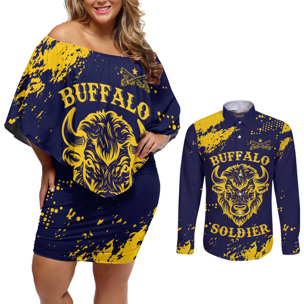 Personalized Bison Buffalo Soldiers Couples Matching Off Shoulder Short Dress and Long Sleeve Button Shirt American Heroes - Blue Grunge Style - Wonder Print Shop