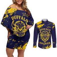 Personalized Bison Buffalo Soldiers Couples Matching Off Shoulder Short Dress and Long Sleeve Button Shirt American Heroes - Blue Grunge Style - Wonder Print Shop