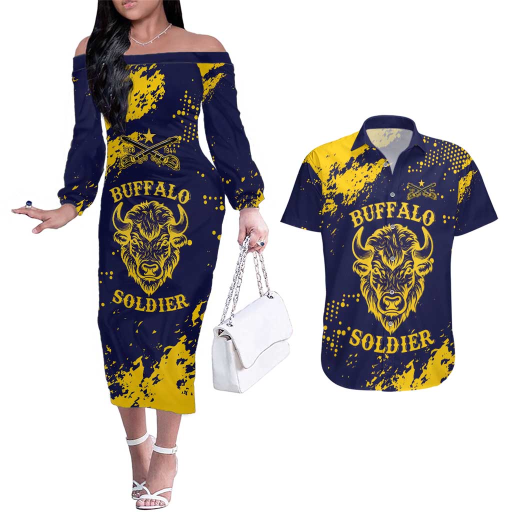 Personalized Bison Buffalo Soldiers Couples Matching Off The Shoulder Long Sleeve Dress and Hawaiian Shirt American Heroes - Blue Grunge Style - Wonder Print Shop
