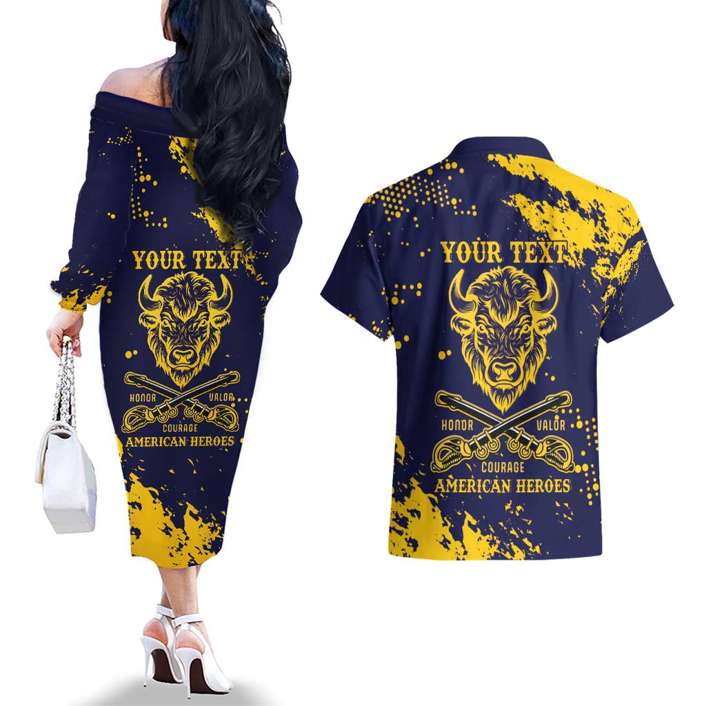 Personalized Bison Buffalo Soldiers Couples Matching Off The Shoulder Long Sleeve Dress and Hawaiian Shirt American Heroes - Blue Grunge Style - Wonder Print Shop