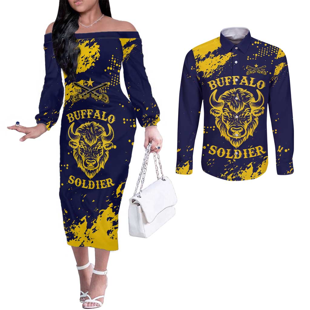Personalized Bison Buffalo Soldiers Couples Matching Off The Shoulder Long Sleeve Dress and Long Sleeve Button Shirt American Heroes - Blue Grunge Style - Wonder Print Shop