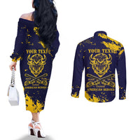 Personalized Bison Buffalo Soldiers Couples Matching Off The Shoulder Long Sleeve Dress and Long Sleeve Button Shirt American Heroes - Blue Grunge Style - Wonder Print Shop