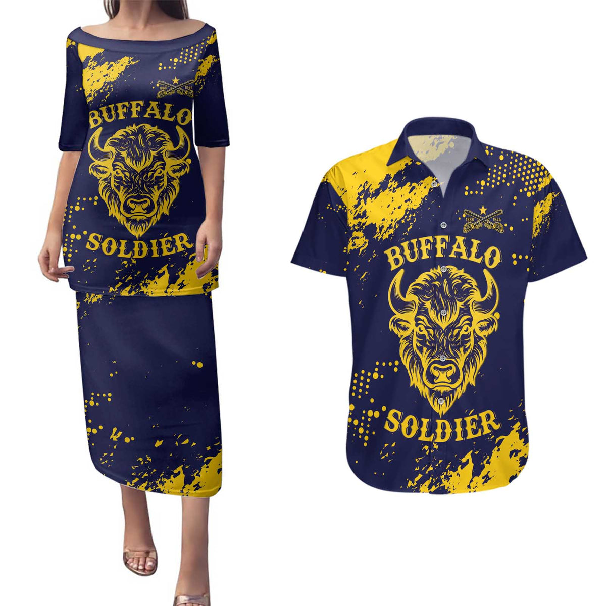 Personalized Bison Buffalo Soldiers Couples Matching Puletasi and Hawaiian Shirt American Heroes - Blue Grunge Style - Wonder Print Shop