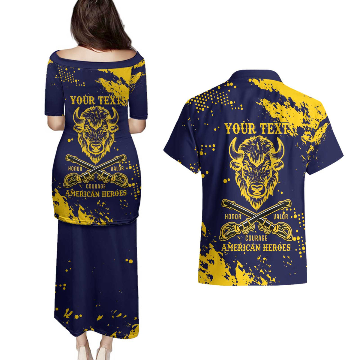 Personalized Bison Buffalo Soldiers Couples Matching Puletasi and Hawaiian Shirt American Heroes - Blue Grunge Style - Wonder Print Shop