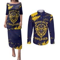 Personalized Bison Buffalo Soldiers Couples Matching Puletasi and Long Sleeve Button Shirt American Heroes - Blue Grunge Style - Wonder Print Shop