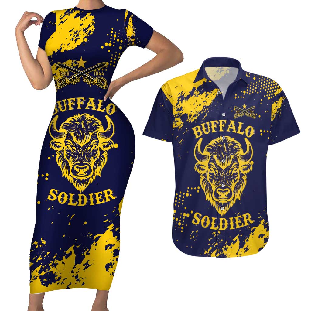Personalized Bison Buffalo Soldiers Couples Matching Short Sleeve Bodycon Dress and Hawaiian Shirt American Heroes - Blue Grunge Style - Wonder Print Shop