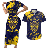 Personalized Bison Buffalo Soldiers Couples Matching Short Sleeve Bodycon Dress and Hawaiian Shirt American Heroes - Blue Grunge Style - Wonder Print Shop