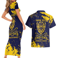 Personalized Bison Buffalo Soldiers Couples Matching Short Sleeve Bodycon Dress and Hawaiian Shirt American Heroes - Blue Grunge Style - Wonder Print Shop