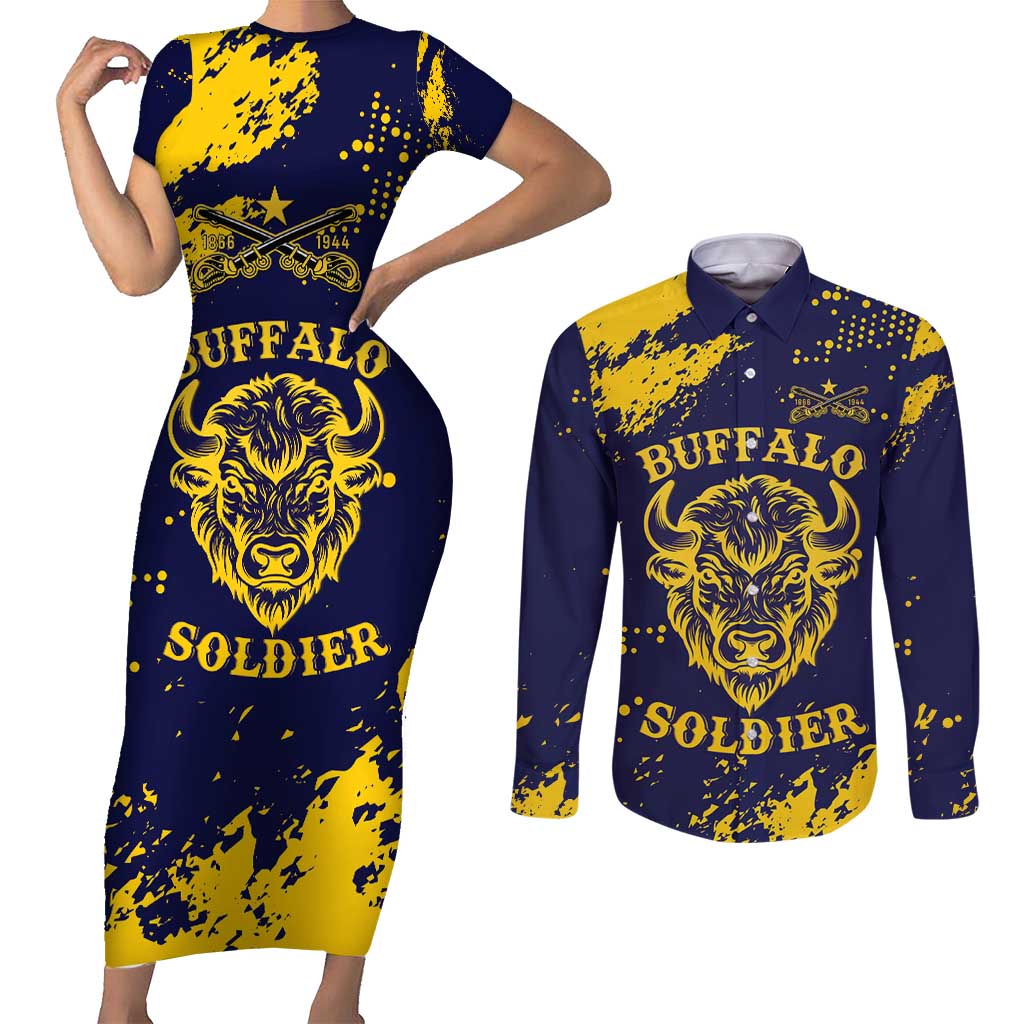 Personalized Bison Buffalo Soldiers Couples Matching Short Sleeve Bodycon Dress and Long Sleeve Button Shirt American Heroes - Blue Grunge Style - Wonder Print Shop
