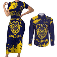 Personalized Bison Buffalo Soldiers Couples Matching Short Sleeve Bodycon Dress and Long Sleeve Button Shirt American Heroes - Blue Grunge Style - Wonder Print Shop