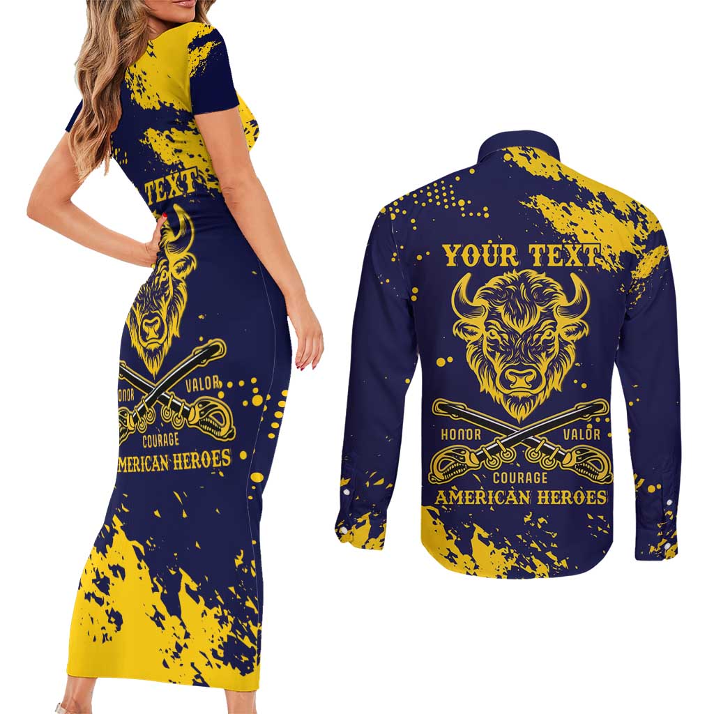 Personalized Bison Buffalo Soldiers Couples Matching Short Sleeve Bodycon Dress and Long Sleeve Button Shirt American Heroes - Blue Grunge Style - Wonder Print Shop