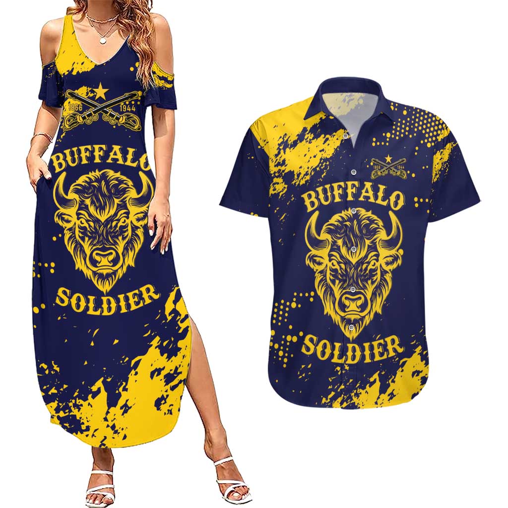 Personalized Bison Buffalo Soldiers Couples Matching Summer Maxi Dress and Hawaiian Shirt American Heroes - Blue Grunge Style - Wonder Print Shop