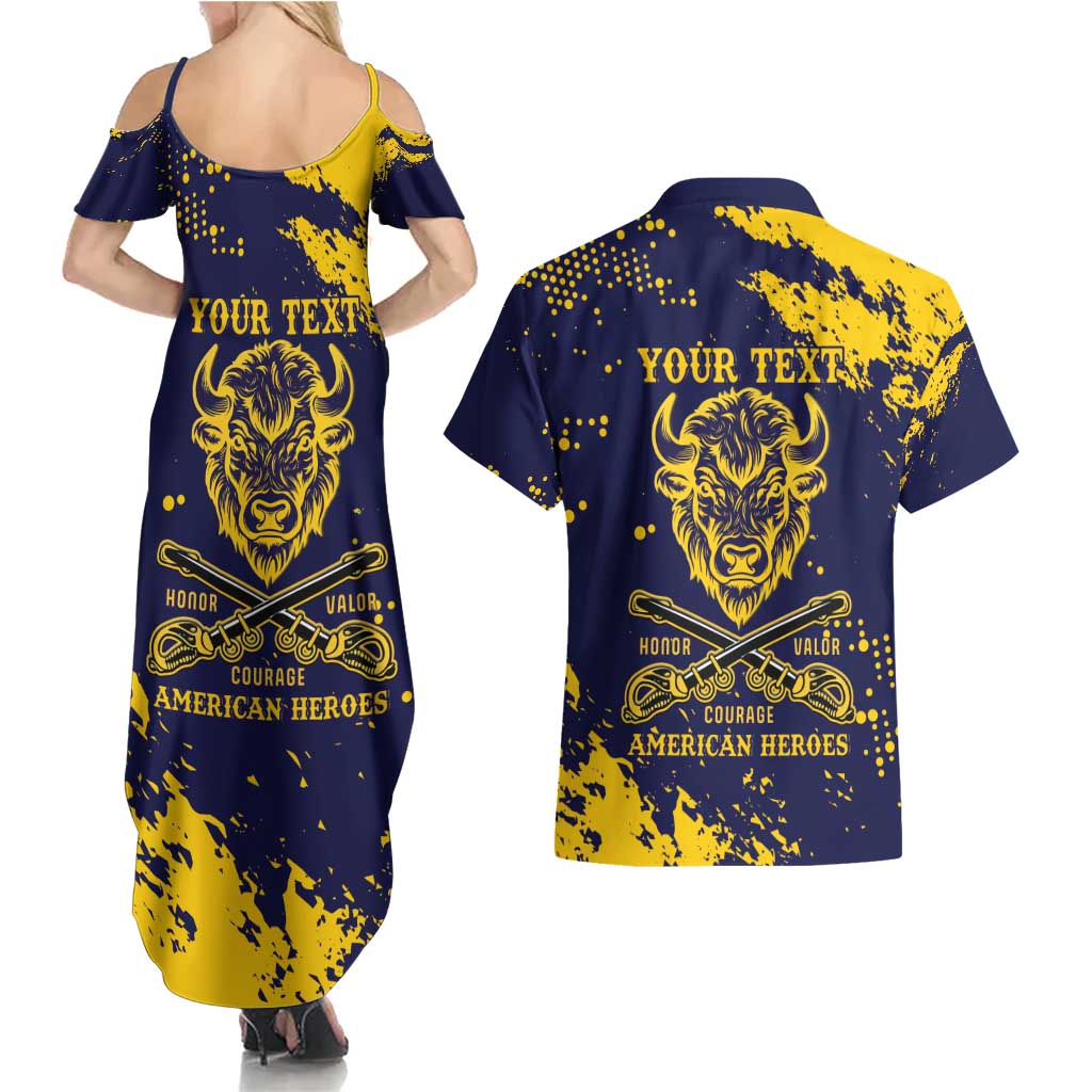Personalized Bison Buffalo Soldiers Couples Matching Summer Maxi Dress and Hawaiian Shirt American Heroes - Blue Grunge Style - Wonder Print Shop