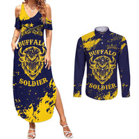 Personalized Bison Buffalo Soldiers Couples Matching Summer Maxi Dress and Long Sleeve Button Shirt American Heroes - Blue Grunge Style - Wonder Print Shop