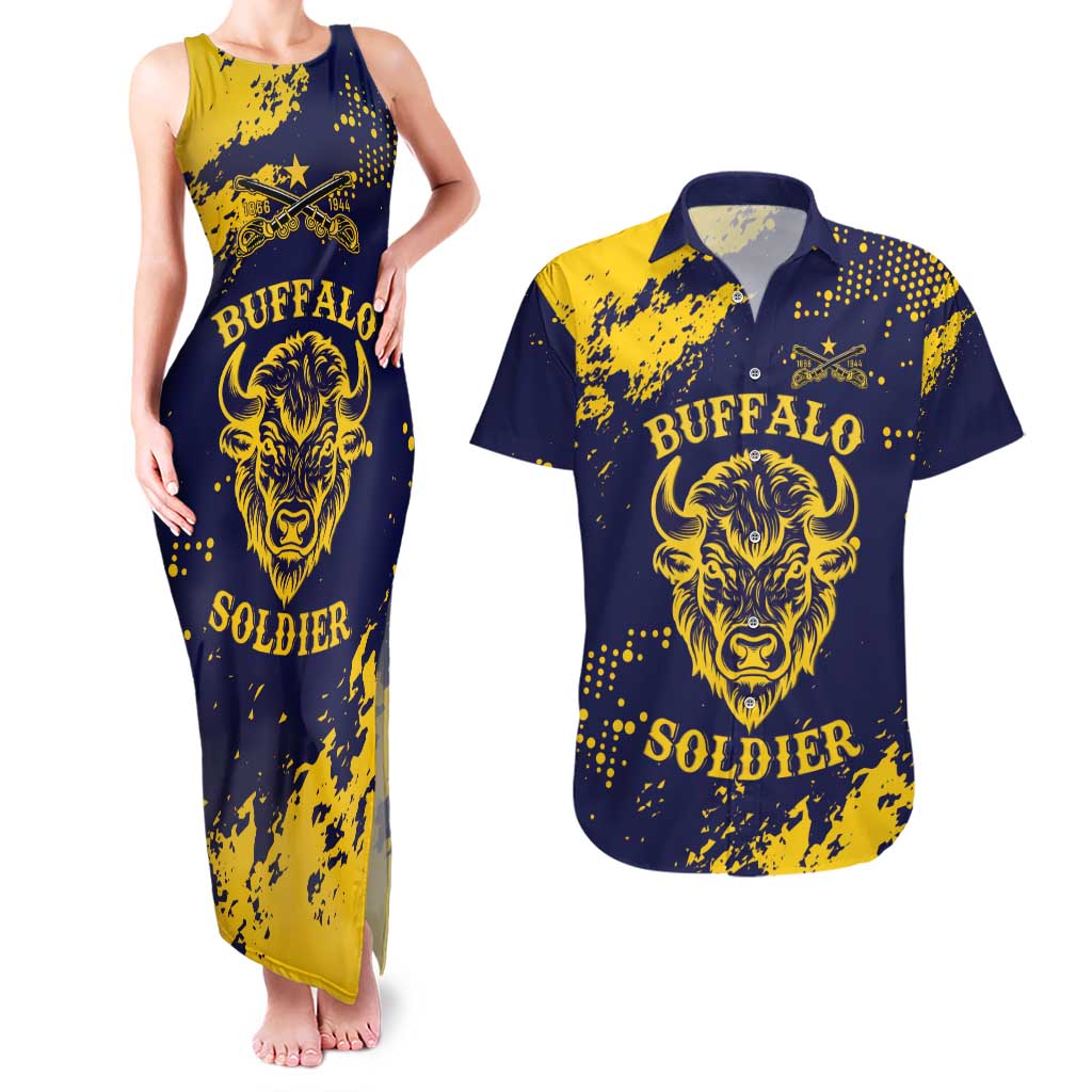 Personalized Bison Buffalo Soldiers Couples Matching Tank Maxi Dress and Hawaiian Shirt American Heroes - Blue Grunge Style - Wonder Print Shop