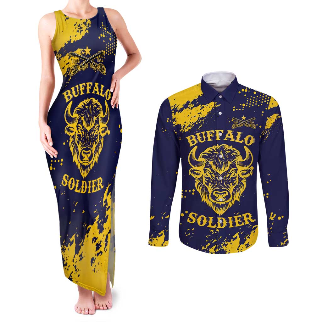 Personalized Bison Buffalo Soldiers Couples Matching Tank Maxi Dress and Long Sleeve Button Shirt American Heroes - Blue Grunge Style - Wonder Print Shop